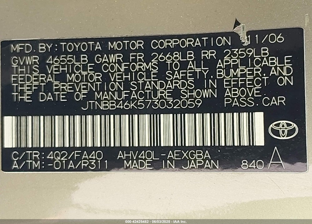 2007 TOYOTA CAMRY HYBRID VIN: JTNBB46K573032059