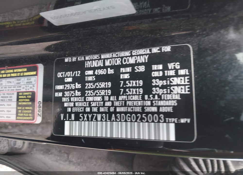 2013 HYUNDAI SANTA FE VIN: 5XYZW3LA3DG025003