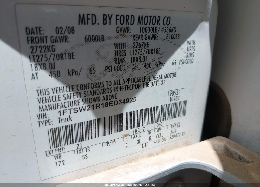 2008 FORD F-250 VIN: 1FTSW21R18ED34925