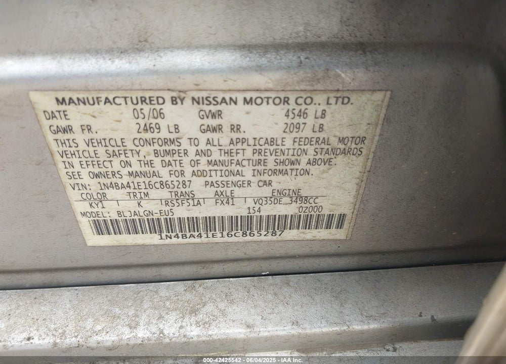 2006 NISSAN MAXIMA VIN: 1N4BA41E16C865287