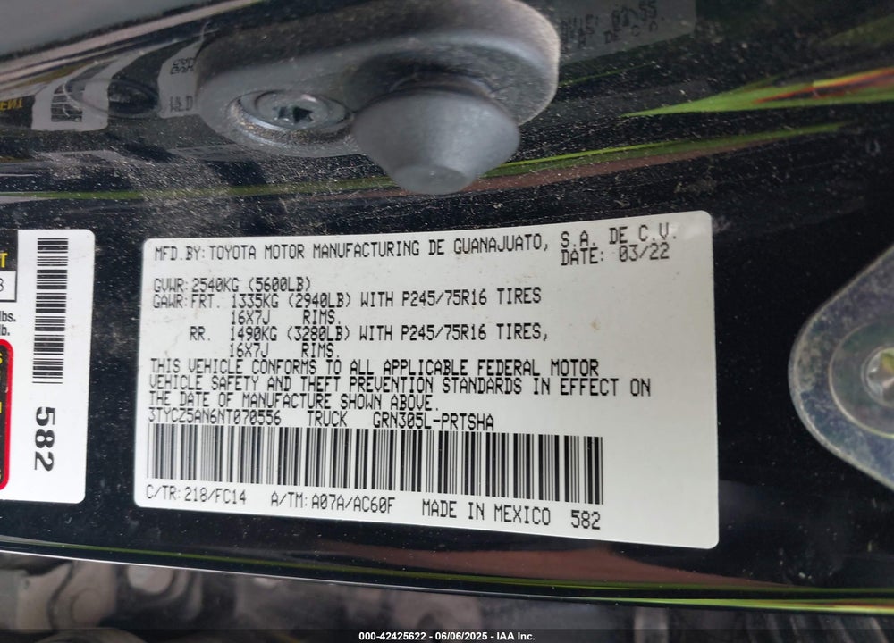 2022 TOYOTA TACOMA VIN: 3TYCZ5AN6NT070556