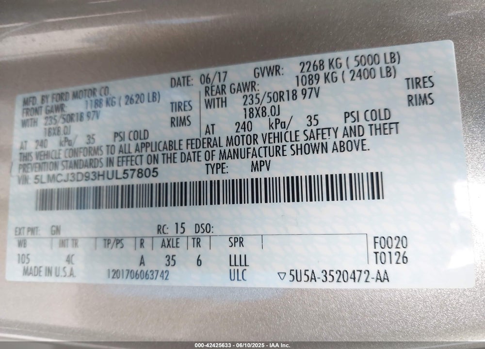 2017 LINCOLN MKC VIN: 5LMCJ3D93HUL57805
