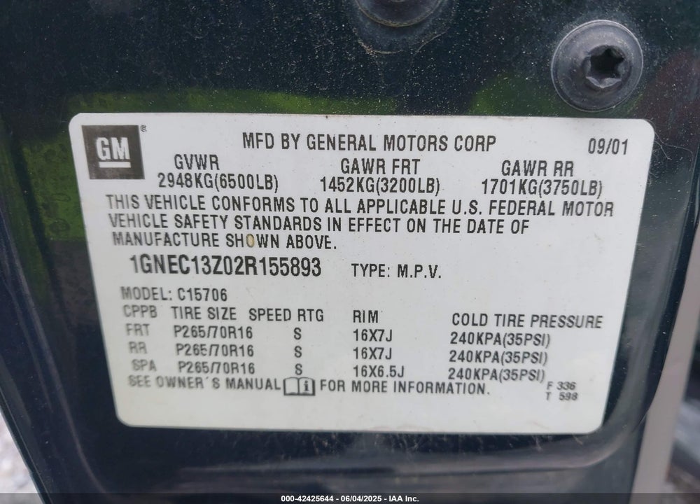 2002 CHEVROLET TAHOE VIN: 1GNEC13Z02R155893