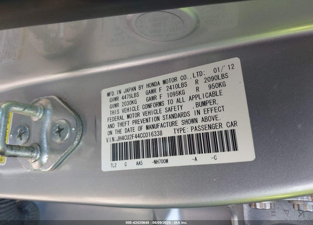 2012 ACURA TSX VIN: JH4CU2F44CC016338