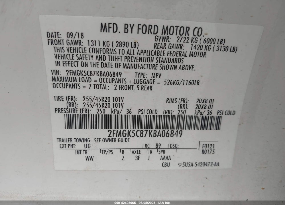 2019 FORD FLEX VIN: 2FMGK5C87KBA06849