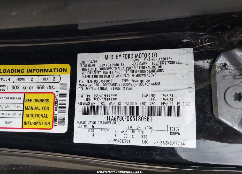 2019 FORD MUSTANG VIN: 1FA6P8CF0K5180581