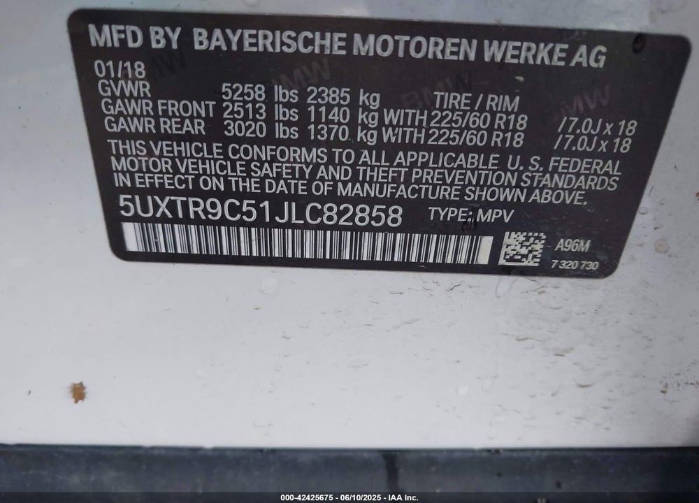 2018 BMW X3 VIN: 5UXTR9C51JLC82858