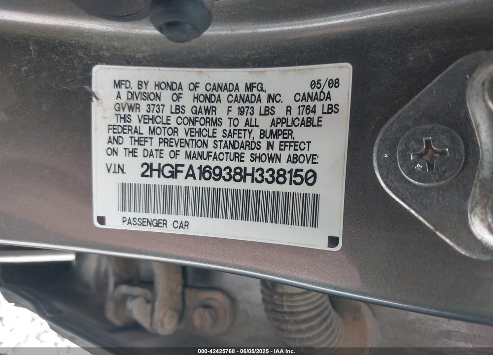 2008 HONDA CIVIC VIN: 2HGFA16938H338150