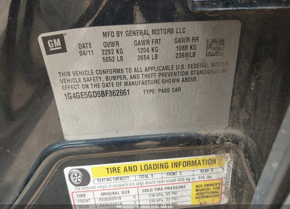 2011 BUICK LACROSSE VIN: 1G4GE5GD5BF362861