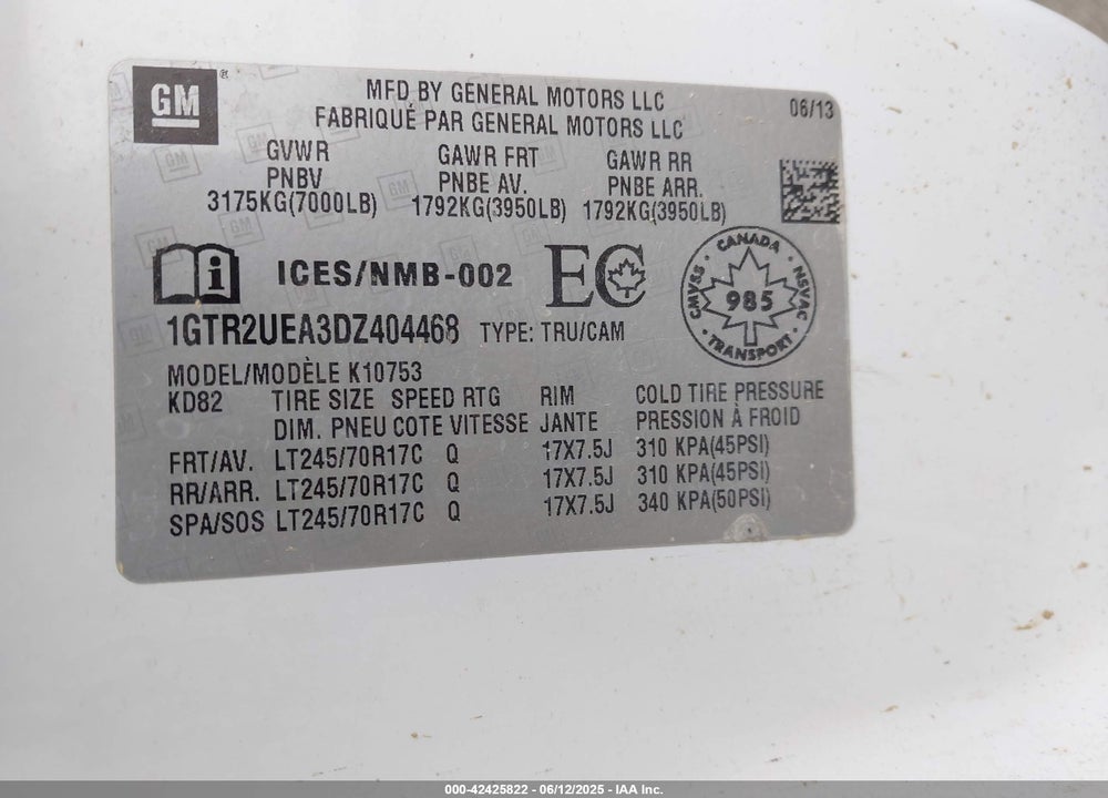 2013 GMC SIERRA 1500 VIN: 1GTR2UEA3DZ404468
