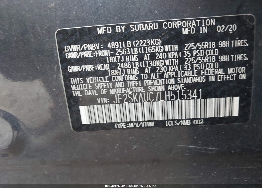 2020 SUBARU FORESTER VIN: JF2SKAUC7LH515341