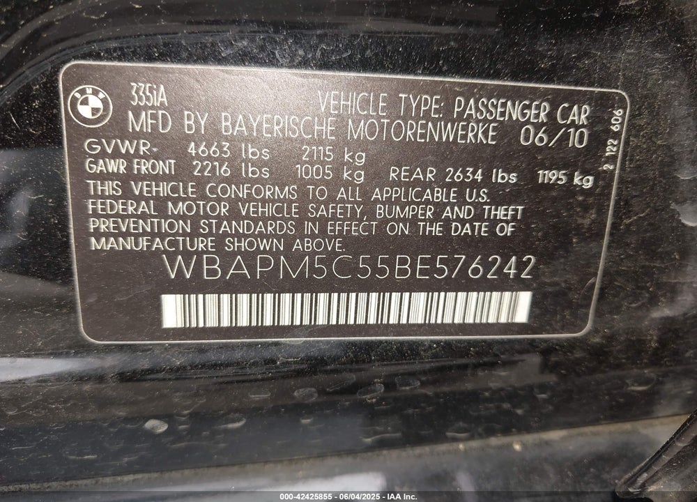 2011 BMW 335I VIN: WBAPM5C55BE576242