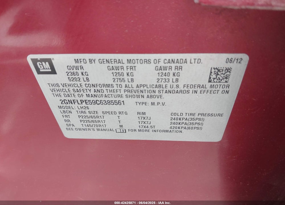 2012 CHEVROLET EQUINOX VIN: 2GNFLPE59C6385561