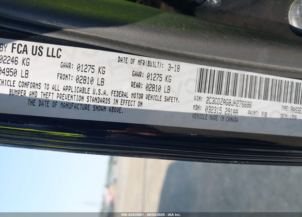 2018 DODGE CHALLENGER VIN: 2C3CDZAG8JH276686