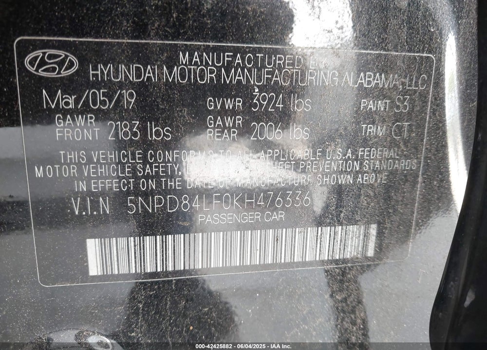 2019 HYUNDAI ELANTRA SEL VIN: 5NPD84LF0KH476336