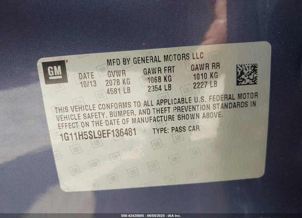 2014 CHEVROLET MALIBU 1LZ VIN: 1G11H5SL9EF136481