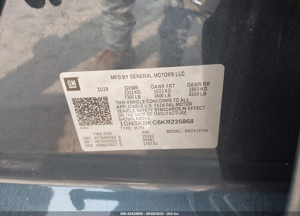 2019 CHEVROLET TAHOE VIN: 1GNSKBKC6KR235868