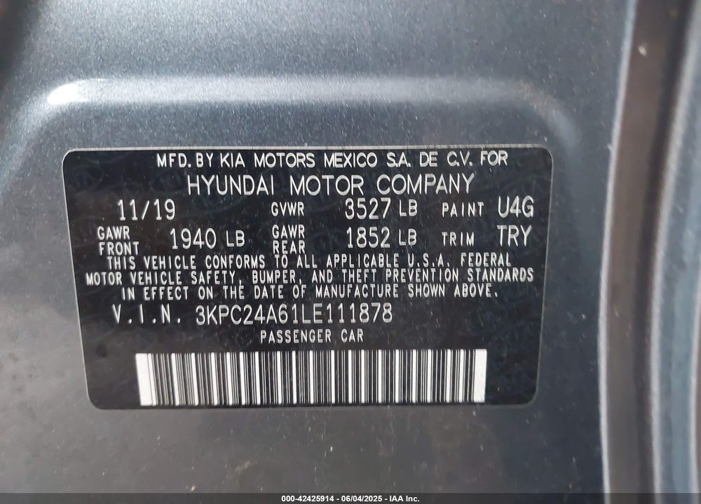 2020 HYUNDAI ACCENT VIN: 3KPC24A61LE111878