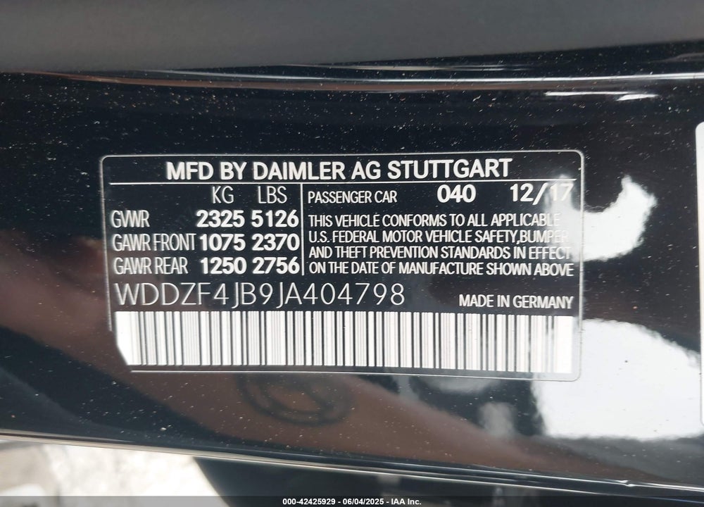 2018 MERCEDES-BENZ E-CLASS VIN: WDDZF4JB9JA404798