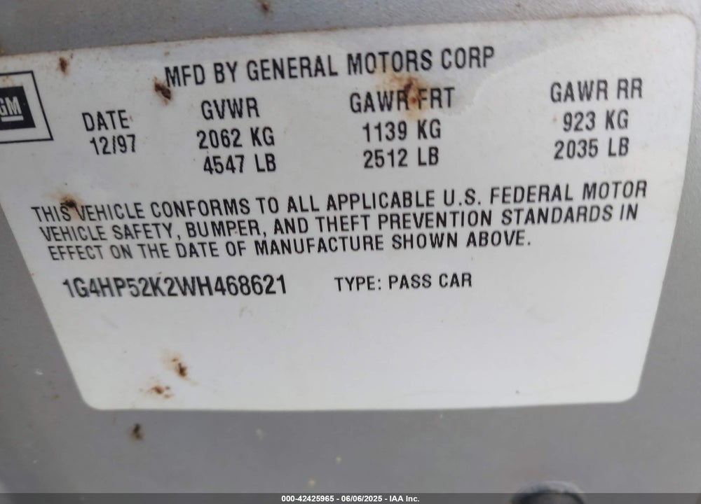 1998 BUICK LESABRE CUSTOM VIN: 1G4HP52K2WH468621