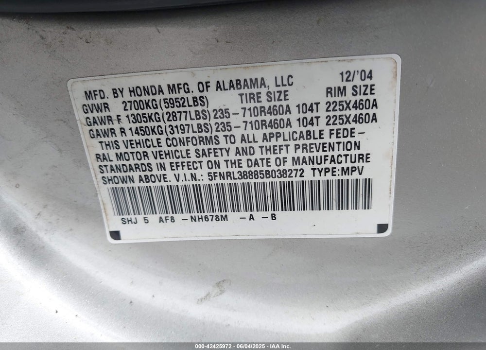 2005 HONDA ODYSSEY TOURING VIN: 5FNRL38885B038272