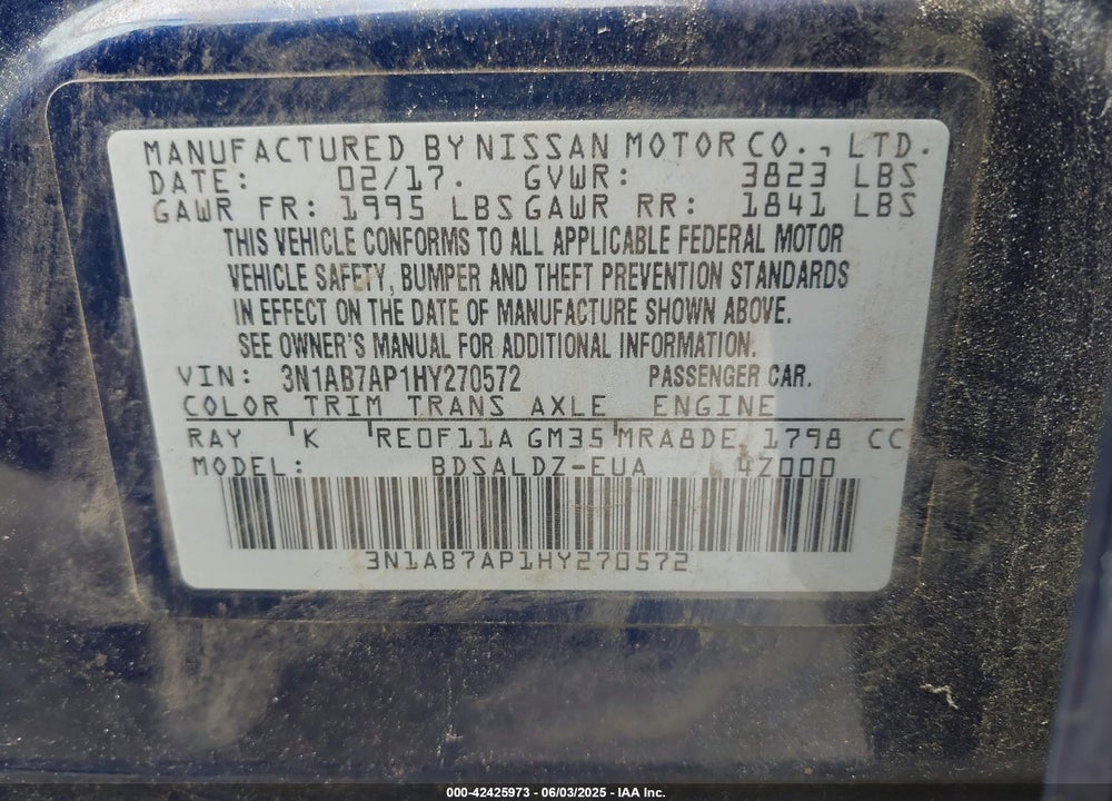 2017 NISSAN SENTRA SV VIN: 3N1AB7AP1HY270572
