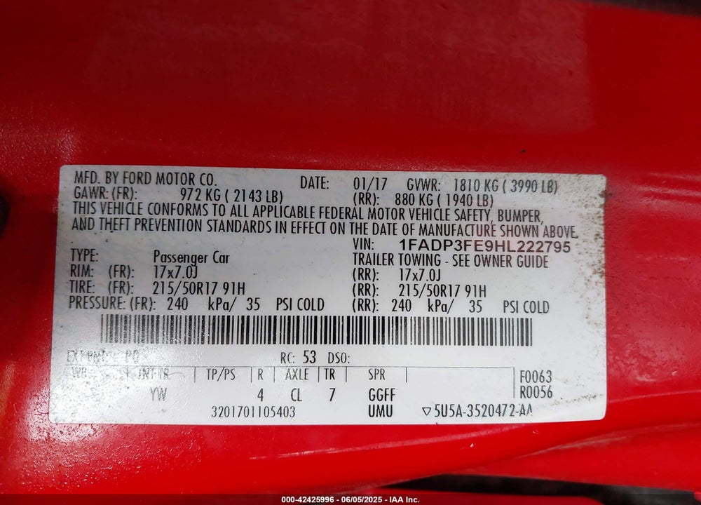 2017 FORD FOCUS SE VIN: 1FADP3FE9HL222795