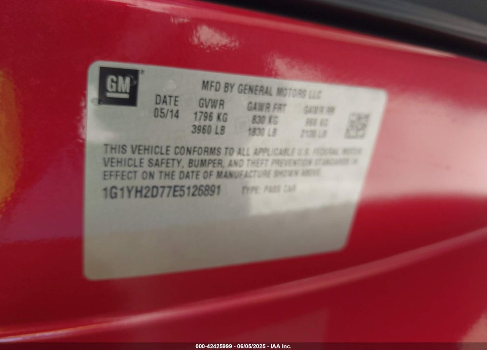 2014 CHEVROLET CORVETTE STINGRAY VIN: 1G1YH2D77E5126891