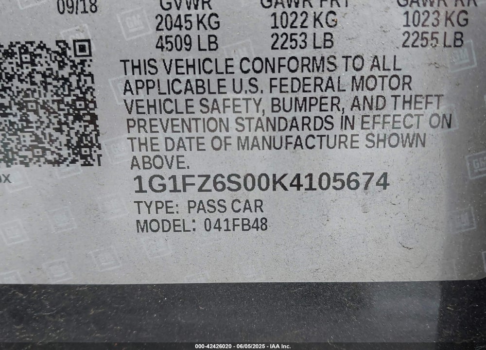 2019 CHEVROLET BOLT EV VIN: 1G1FZ6S00K4105674