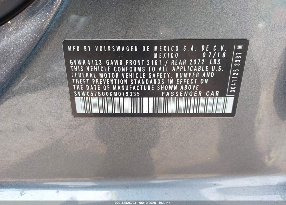 2019 VOLKSWAGEN JETTA VIN: 3VWC57BU0KM079335