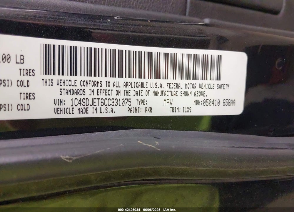 2012 DODGE DURANGO VIN: 1C4SDJET6CC331075