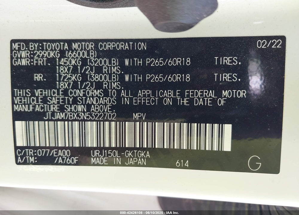 2022 LEXUS GX 460 PREMIUM VIN: JTJAM7BX3N5322702