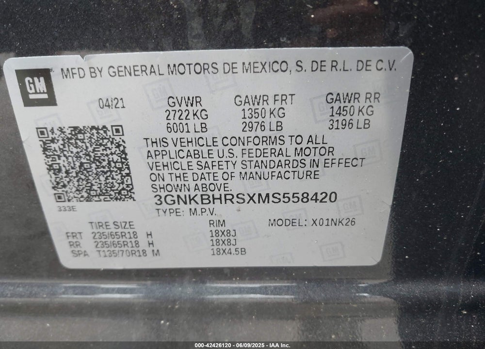 2021 CHEVROLET BLAZER VIN: 3GNKBHRSXMS558420