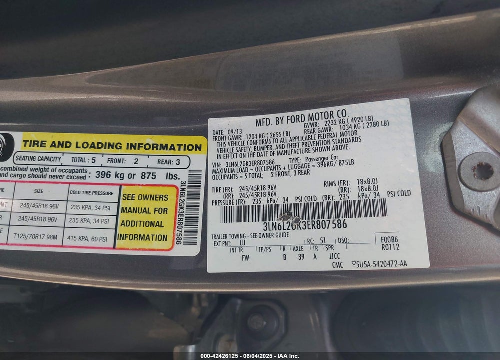 2014 LINCOLN MKZ VIN: 3LN6L2GK3ER807586