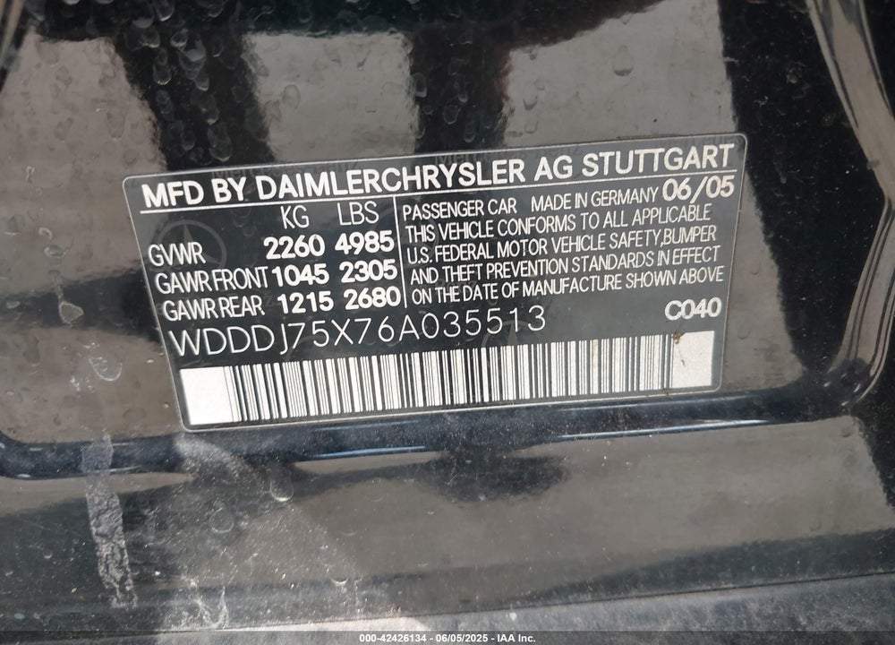 2006 MERCEDES-BENZ CLS CLASS VIN: WDDDJ75X76A035513