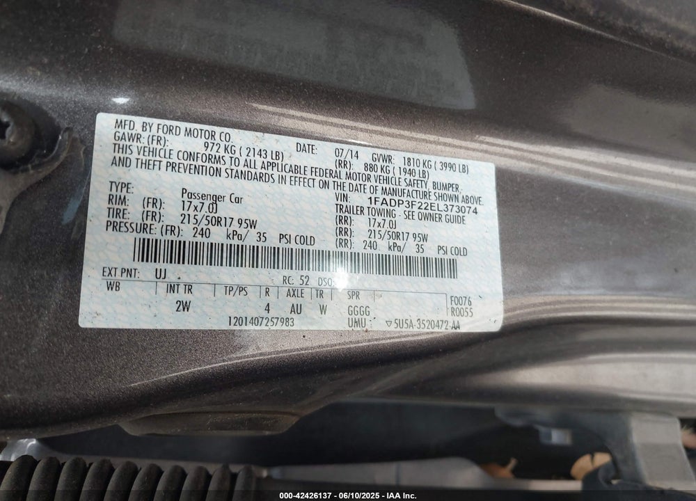 2014 FORD FOCUS SE VIN: 1FADP3F22EL373074