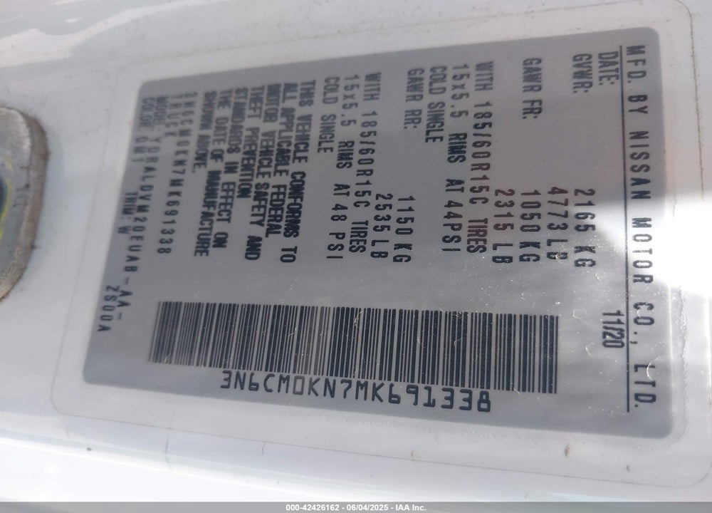 2021 NISSAN NV200  CARGO S XTRONIC CVT VIN: 3N6CM0KN7MK691338