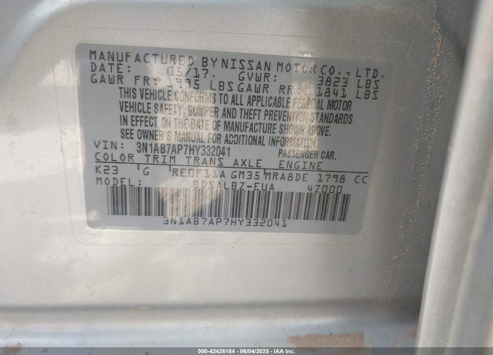 2017 NISSAN SENTRA VIN: 3N1AB7AP7HY332041