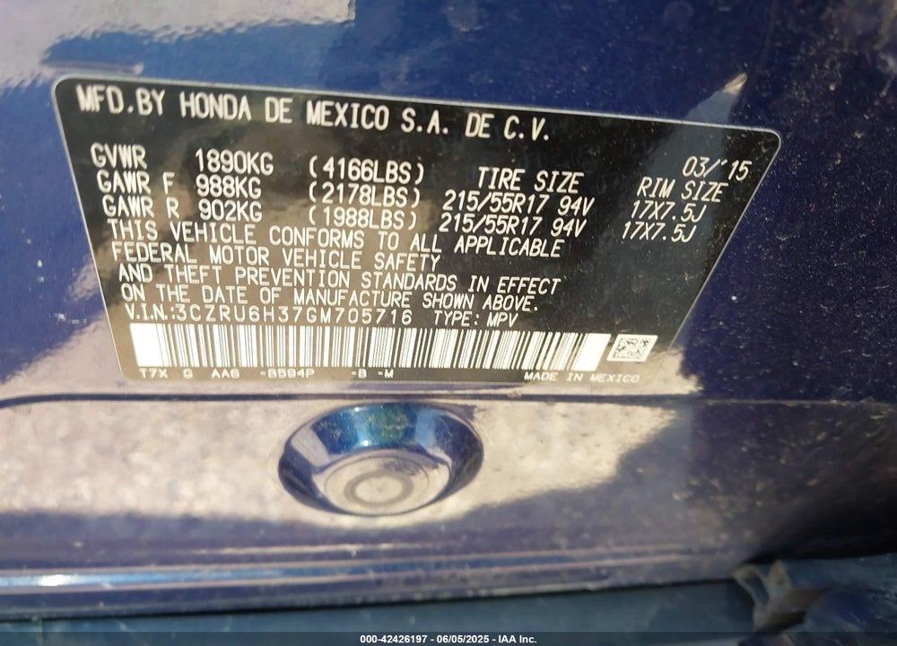 2016 HONDA HR-V VIN: 3CZRU6H37GM705716