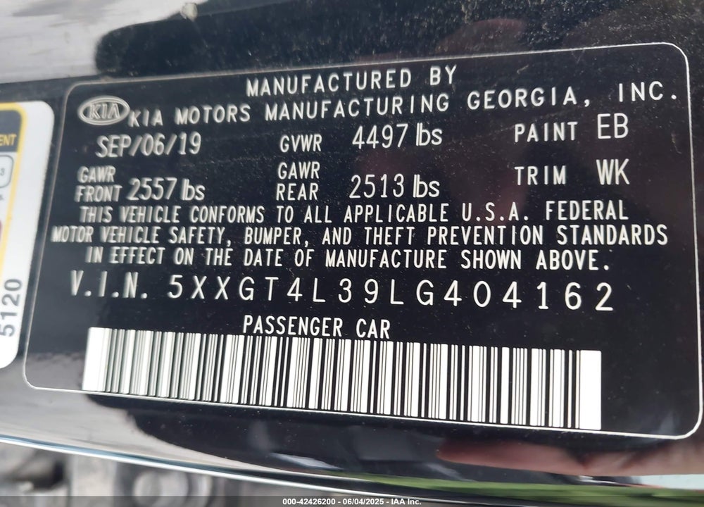 2020 KIA OPTIMA VIN: 5XXGT4L39LG404162