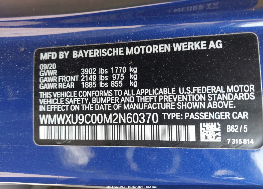 2021 MINI HARDTOP COOPER S VIN: WMWXU9C00M2N60370