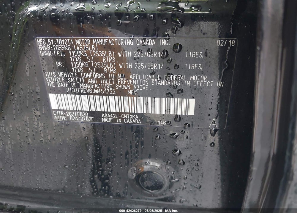 2018 TOYOTA RAV4 VIN: 2T3ZFREV6JW451722