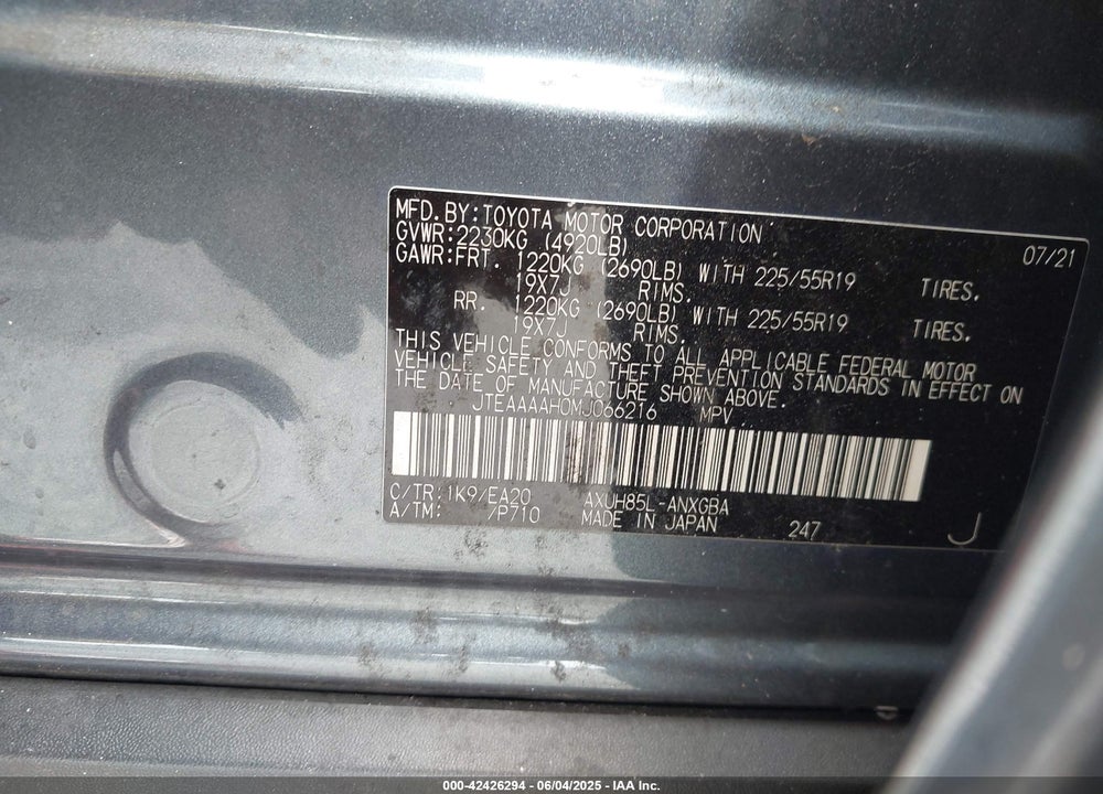 2021 TOYOTA VENZA VIN: JTEAAAAH0MJ066216