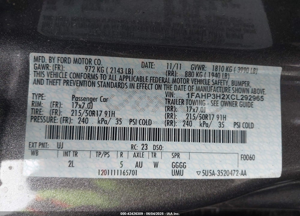 2012 FORD FOCUS VIN: 1FAHP3H2XCL292965