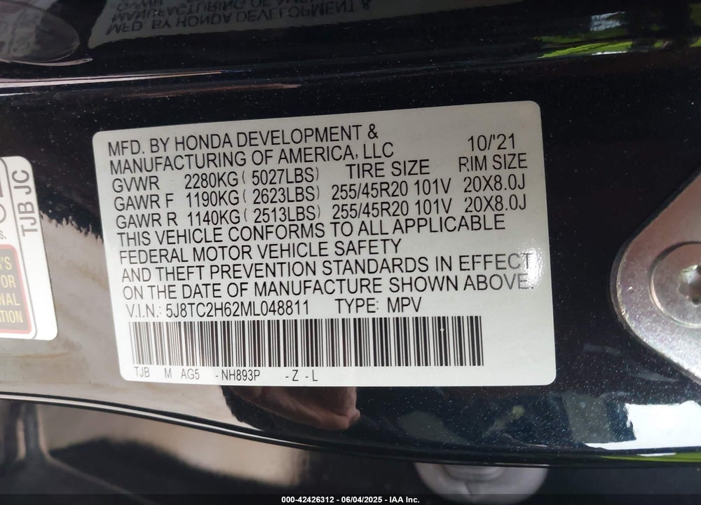 2021 ACURA RDX VIN: 5J8TC2H62ML048811
