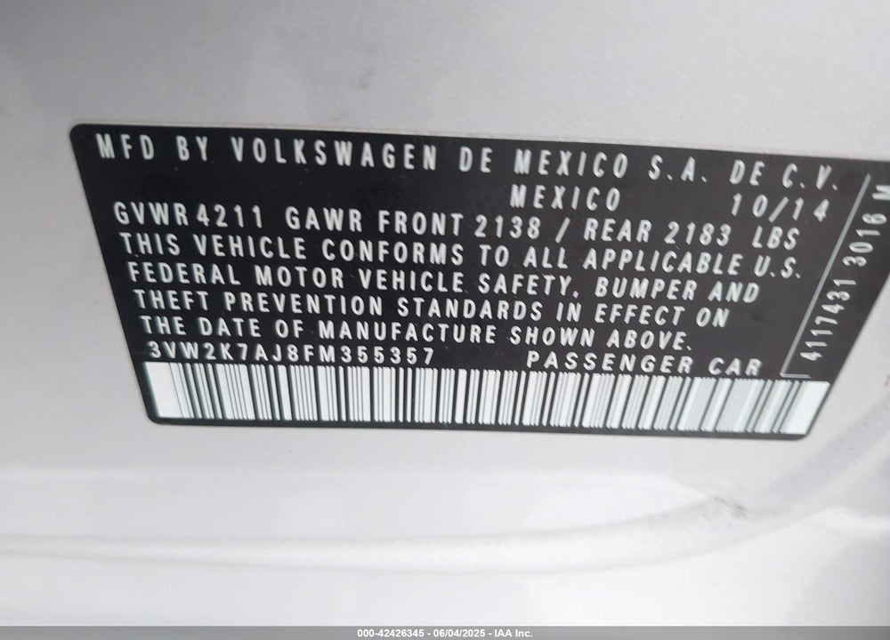 2015 VOLKSWAGEN JETTA 2.0L S VIN: 3VW2K7AJ8FM355357