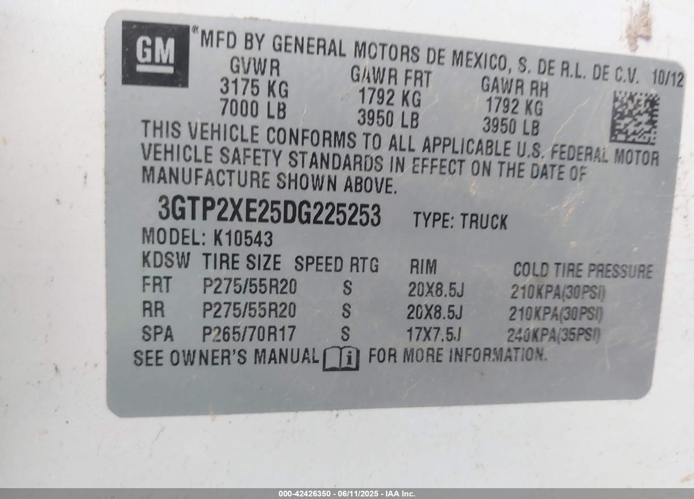 2013 GMC SIERRA 1500 DENALI VIN: 3GTP2XE25DG225253