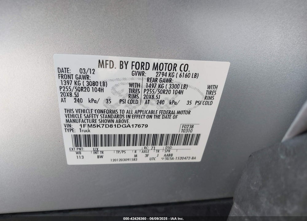 2013 FORD EXPLORER XLT VIN: 1FM5K7D81DGA17679