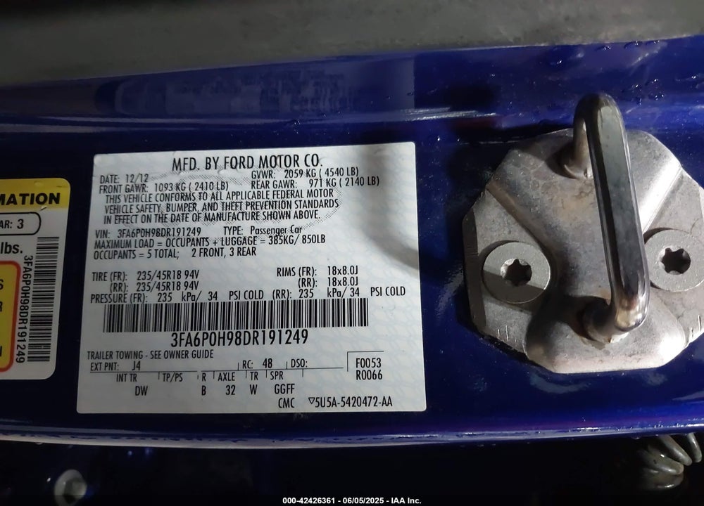 2013 FORD FUSION SE VIN: 3FA6P0H98DR191249