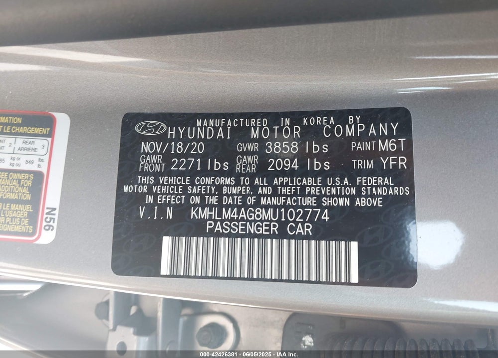 2021 HYUNDAI ELANTRA VIN: KMHLM4AG8MU102774